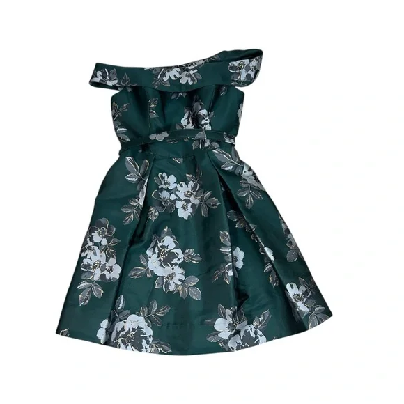 Eliza J Off the Shoulder Emerald Green Brocade Floral Belted Dress Sz 10 - Picture 8 of 16